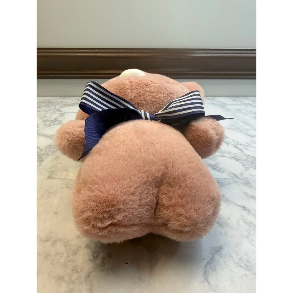 Kawaii Pink Teddy Bear Plush Stuffed Animal with Blue Striped Bow 9 Inch